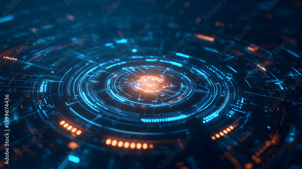 Poster futuristic technology interface with glowing lines and circular patterns on dark background