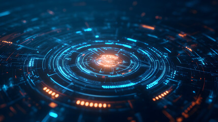 Futuristic technology interface with glowing lines and circular patterns on dark background