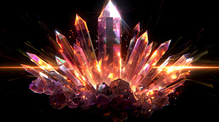 Glowing Amethyst Crystals cluster formation with light streaks, elegant and captivating