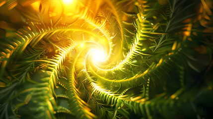 Glowing spiral of light surrounded by fractal foliage, a radiant energy vortex