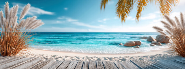 Serene Tropical Beach with Palm Trees and Soft Waves Lapping on Sandy Shore under Clear Blue Sky and Gentle Breeze
