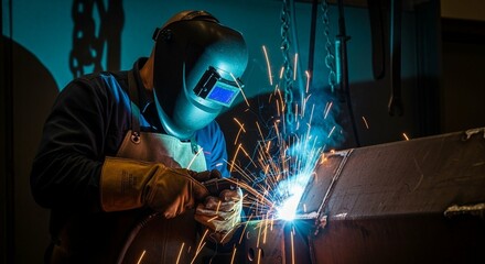 Skilled welder in protective gear creates sparks and light while joining metal in a workshop setting