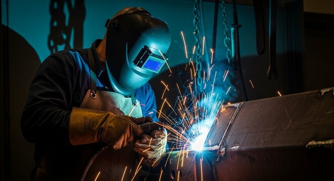Skilled welder in protective gear creates sparks and light while joining metal in a workshop setting - Powered by Adobe