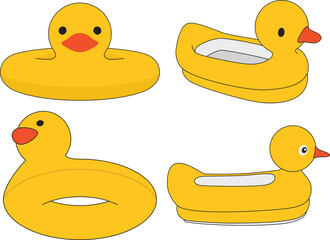 Cute yellow duck-shaped inflatable pool floats set for kids in cartoon vector style for summer water fun