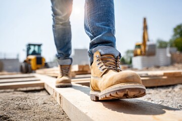 Worker's feet in brown boots walking on a wooden beam at a construction site, heavy machinery is visible in the background.
