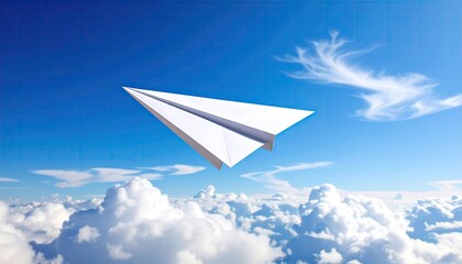 White Paper Airplane Soaring Through a Bright Blue Sky Above Fluffy White Clouds in a Sunny Atmosphere