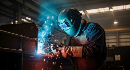 Skilled welder in protective gear meticulously joins metal structures with bright sparks flying in industrial workshop