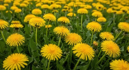 Fototapeta premium A Field of Bright Yellow Dandelion Flowers Blooming in Green Grass