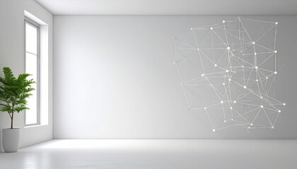 White Room Interior With Digital Network Representation on Wall And Green Plant Next To Window