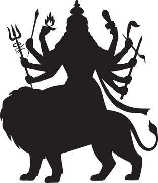 Goddess Durga Illustration with Lion and Trishul &ndash; Divine Hindu Deity Art