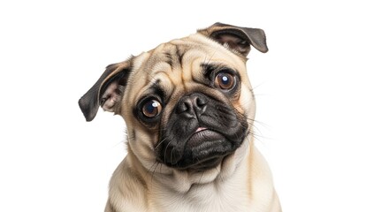 Adorable pug dog with big expressive eyes tilting its head curiously against a white background