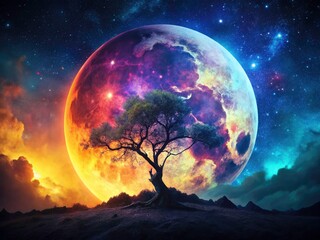 Surreal Moonlit Tree Silhouette: Dark Fantasy Night Photography