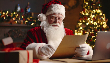 Santa reads letters with Christmas eve.