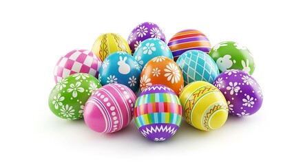 Fototapeta premium Vibrant collection of decorated Easter eggs with various patterns and colors arranged on a white background
