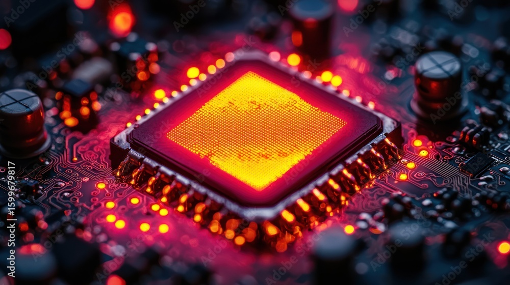 Aufkleber illuminated microchip: a close-up of a glowing central processing unit on a circuit board