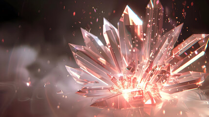 Rose quartz crystal formation with light particles, abstract digital art