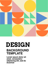 Abstract geometric shapes background. Blue, yellow, orange, green colour shape. Design elements in playful colours. For posters, layout social media post, branding, flyer. Vector illustration