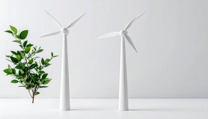 White Wind Turbines and Green Plant against a White Background with Focus on Renewable Energy and Sustainable Technology