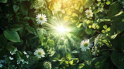 Sunlit Daisies: A vibrant garden scene filled with daisies and glowing sunlight