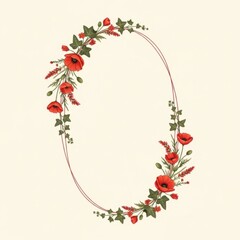 Naklejka premium Elegant Oval Floral Frame with Red Poppies and Greenery on a Cream Background