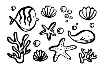 Underwater doodle collection: A delightful illustration showcases the marine world's key elements: fish, sea shells, starfish, coral, bubbles. Crafted with a simple line art.