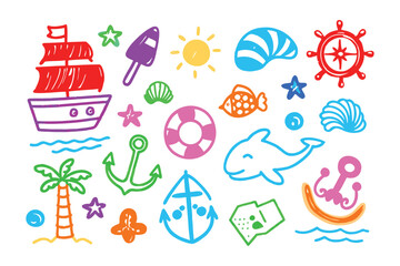 Fototapeta premium Marine Doodle Illustration: A vibrant collection of hand-drawn marine elements, capturing the essence of seaside adventures, playful art