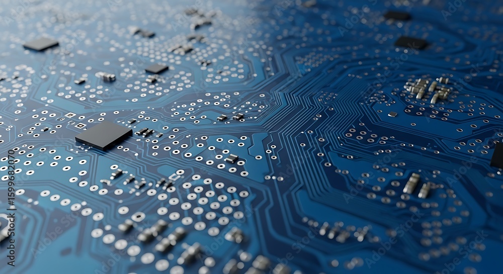 Poster a detailed macro view of a complex blue circuit board, showcasing intricate pathways and numerous el