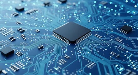 A central computer processor chip sits on a detailed blue circuit board with intricate pathways, representing advanced technology and data processing