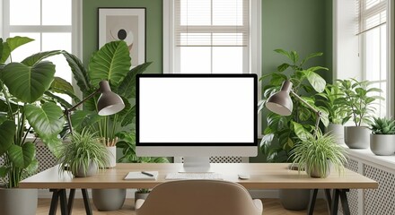 Modern home office setup with large monitor and abundant indoor plants, creating a vibrant and productive workspace.