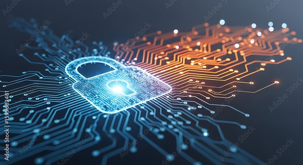 Poster a glowing digital padlock icon superimposed on a futuristic circuit board, symbolizing cybersecurity