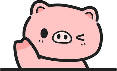 Cute pig winking eye wave hand over line cartoon doodle illustration
