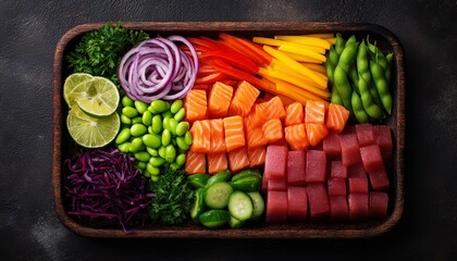 A colorful arrangement of fresh vegetables and sushi ingredients.