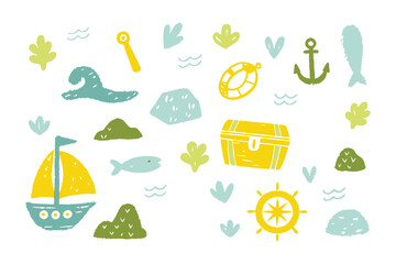 Marine Motif Collection: A whimsical arrangement of nautical-themed illustrations, evoking a sense of playful adventure with symbols of the sea and marine life.