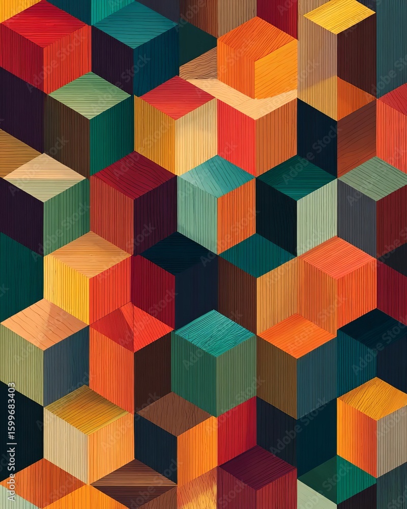Poster colorful geometric pattern of 3d cubes creating a vibrant effect.