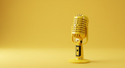 Glossy Yellow Retro Microphone on Yellow Background: Studio Recording Concept.
