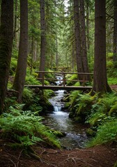Obraz premium A wooden bridge over a stream in a lush green forest with tall trees and ferns and a small waterfall view