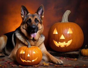 german shepherd with a jack o lantern in a halloween color background