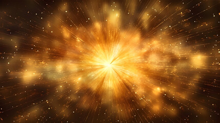 Abstract golden burst of light background with sparkling particles and rays