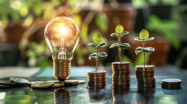 Creative concept image of business growth with stacked coins and lightbulb stock photo --ar 16:9 --raw --v 6 Job ID: 83eb5ec4-f2d6-4ebc-ba14-deb836b08f42