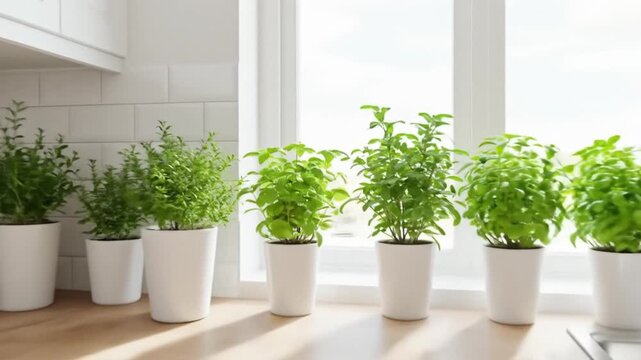 A row of potted green herbs in white pots sit on a light wood countertop in front of a bright window next to a sink