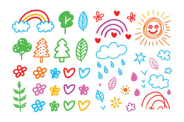 Whimsical Doodle Set: A charming array of playful drawings, including rainbows, trees, hearts, suns, and leaves, offering a burst of joy and creative expression.