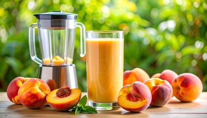 Fototapeta premium Peach smoothie, blender, and fresh peaches