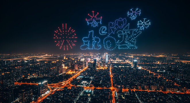 Drone light show displaying "2023" and snowflake patterns above a brightly lit cityscape at night, creating a festive and celebratory atmosphere.