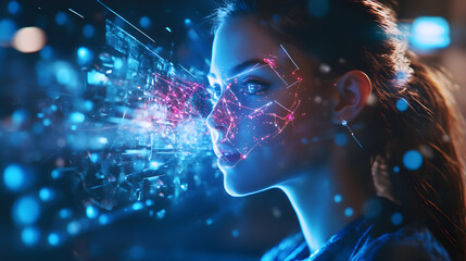 Futuristic portrait of a woman with digital interface elements overlaid on her face
