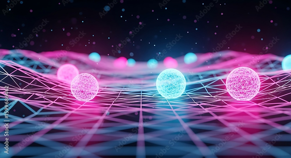 Poster glowing neon spheres float above a digital wireframe grid, creating a futuristic cyberpunk landscape