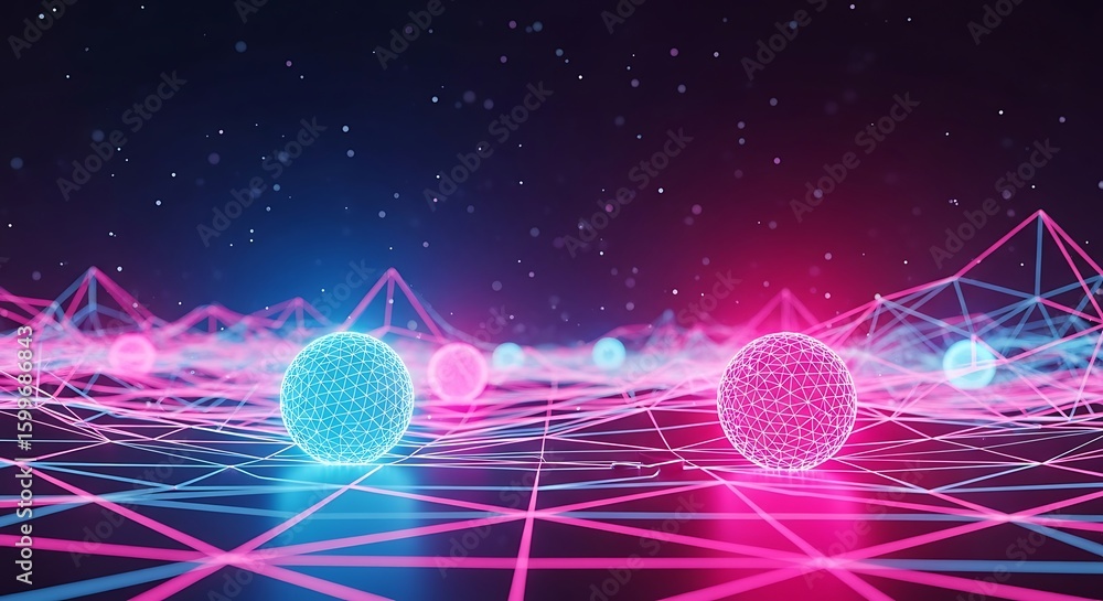 Aufkleber an abstract digital network with glowing spheres and geometric patterns in vibrant blue and pink hue