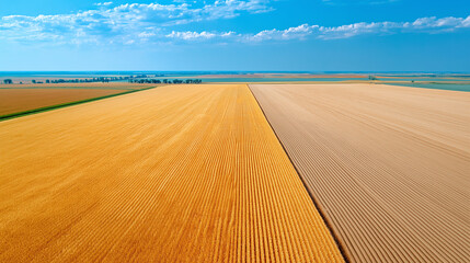 Expansive farmland showing contrast between golden-yellow wheat ripe golden grain crop and freshly tilled beige soil, horizontal field divisions, open prairie landscape, agricultural plains, rural .