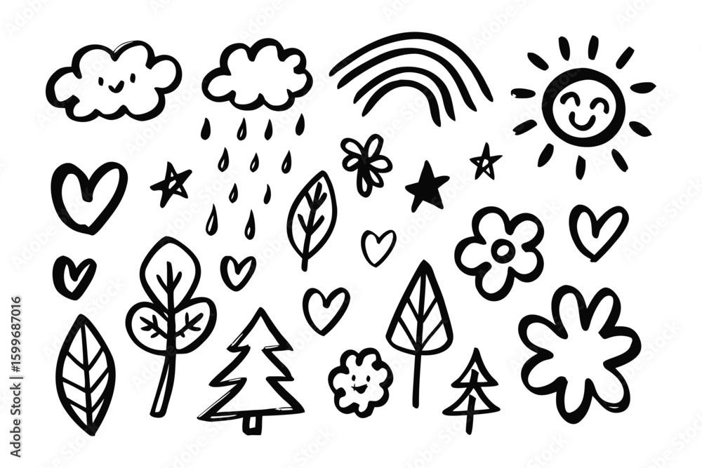 Aufkleber sketchy doodle elements: whimsical hand-drawn illustrations create a cheerful composition. perfect f