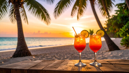 Tropical sunset cocktails beach.