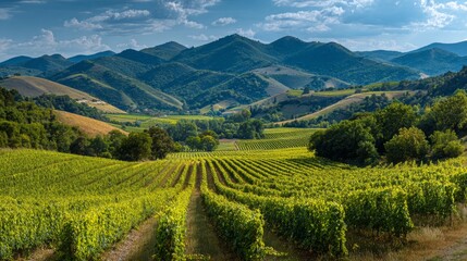 Vast vineyard landscape under a clear sky with rolling hills in the background at golden hour